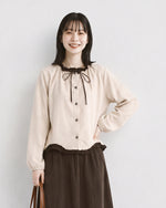 M~4XL フリル配色リボンブラウス