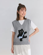 猫ジャカードVネックゆったりニットベスト