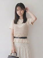 透かし編みニット ペプラム キャミソール×Tシャツ 2点セット
