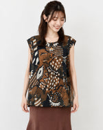 M~2XL ゆったりAライン裾 プリントノースリーブシャツ