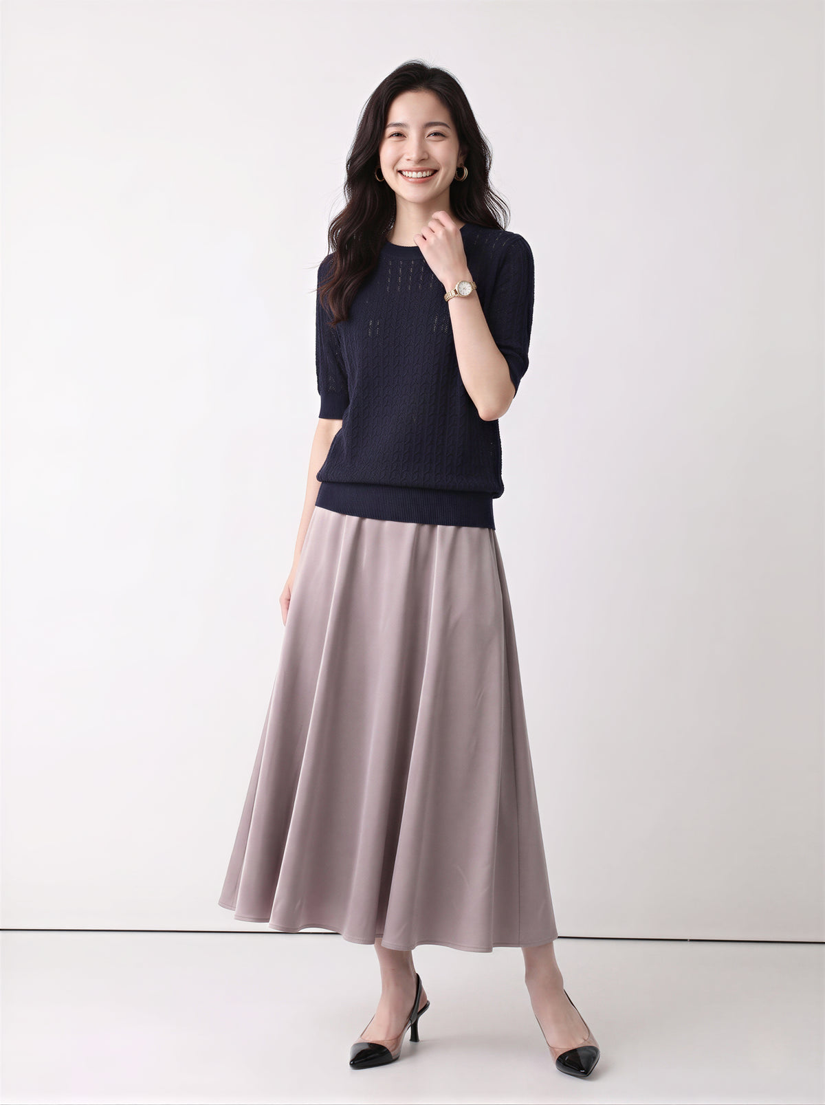 M~XL 透かしジャカード クルーネックニット