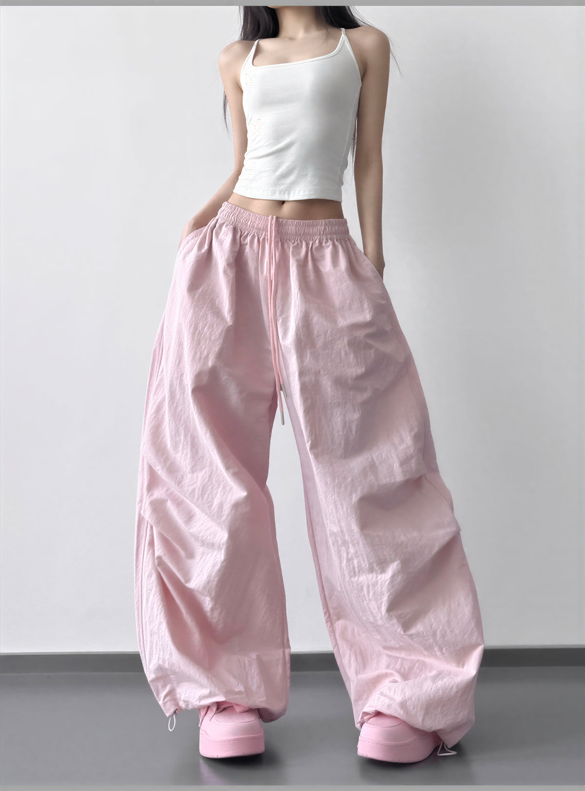 S-L ドローストリング付きウエストゴムワイドパンツ