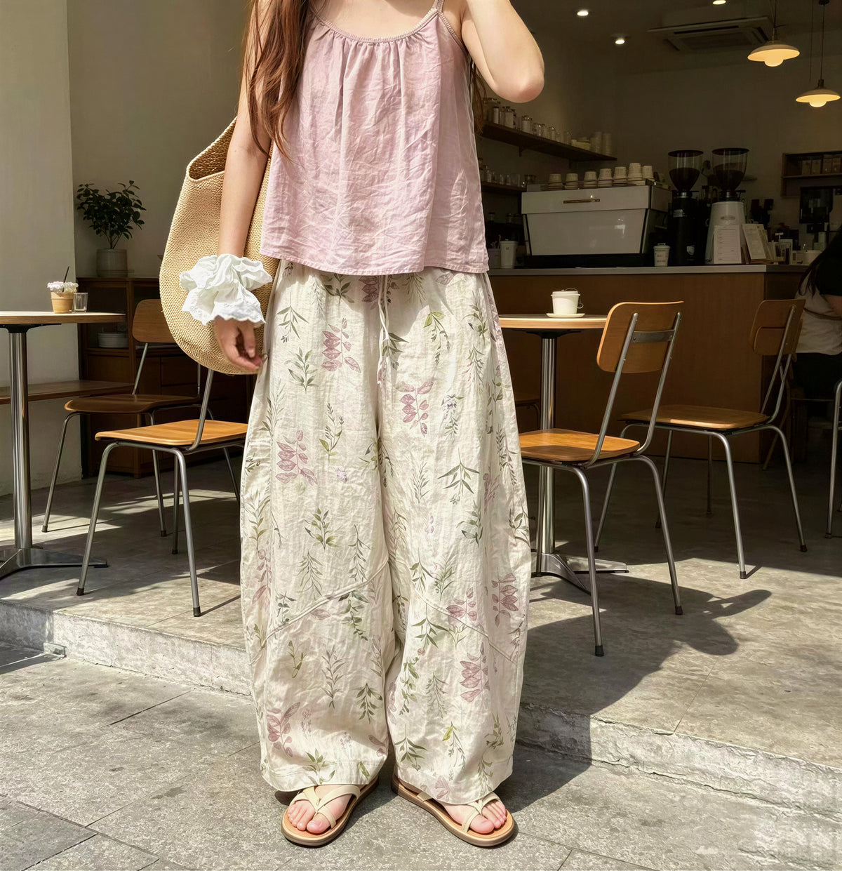 【全2色】M~2XL ボタニカルプリント ゆったりワイドパンツ
