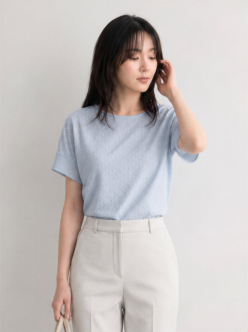 ジャカード クルーネック ゆったり シフォンブラウス