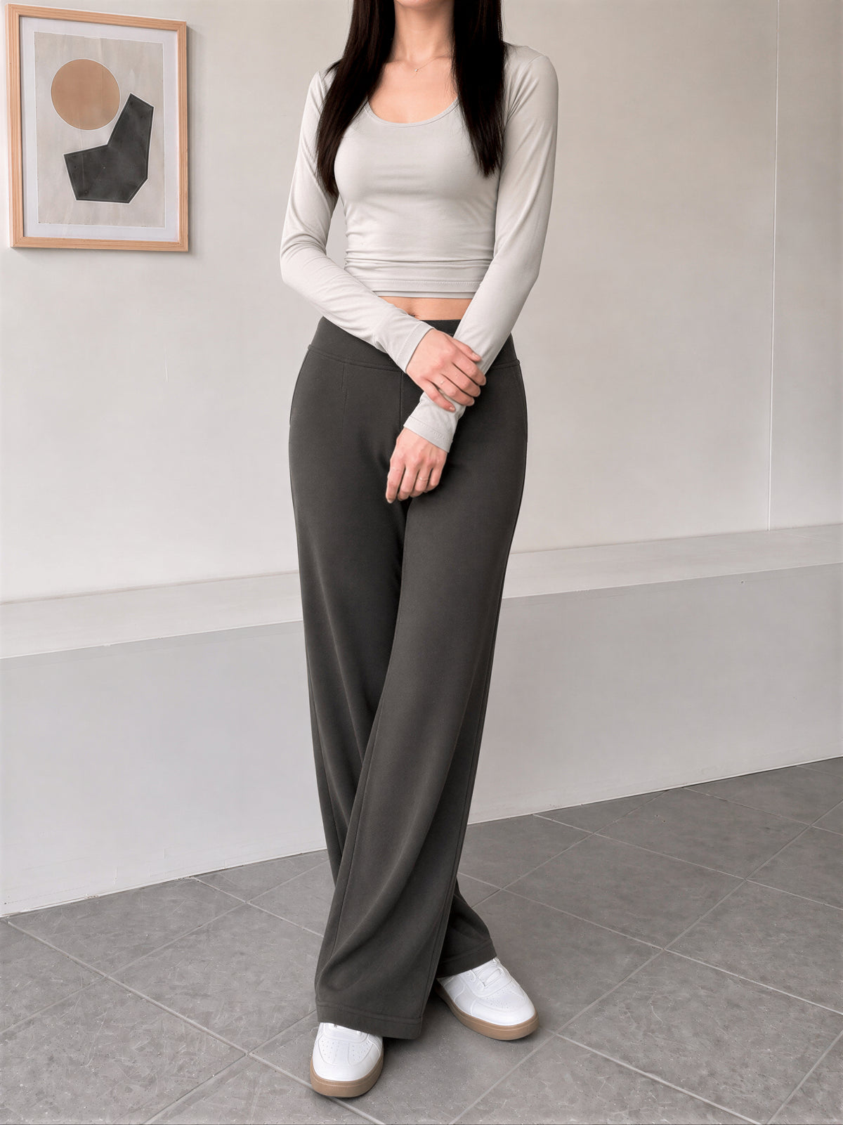 【全3色】S-XL ハイウエスト 落ち感ストレートワイドパンツ
