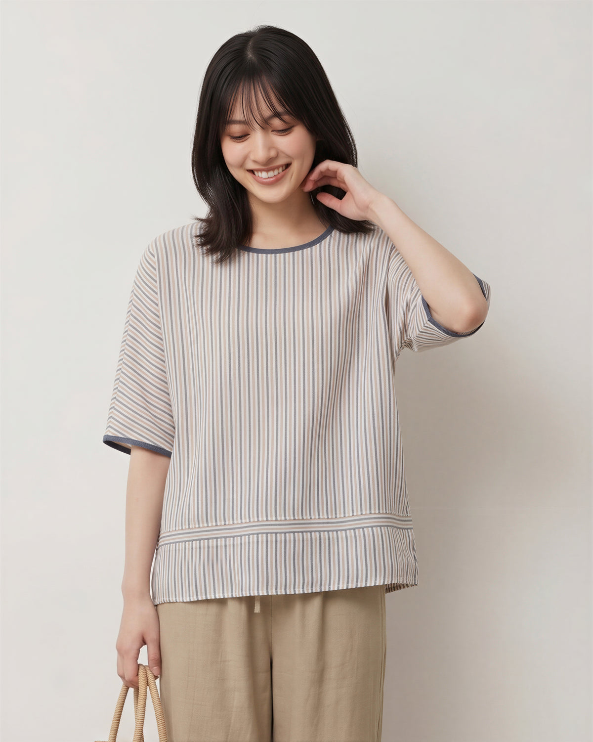 M~2XL 細ストライプ ゆったり クルーネックTシャツ