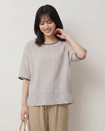 M~2XL 細ストライプ ゆったり クルーネックTシャツ