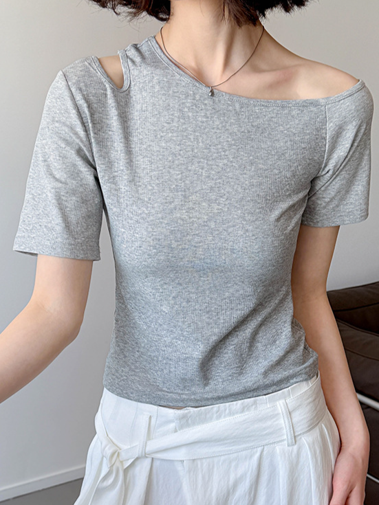 アシンメトリーショルダー 肩見せ カットアウト スリムTシャツ