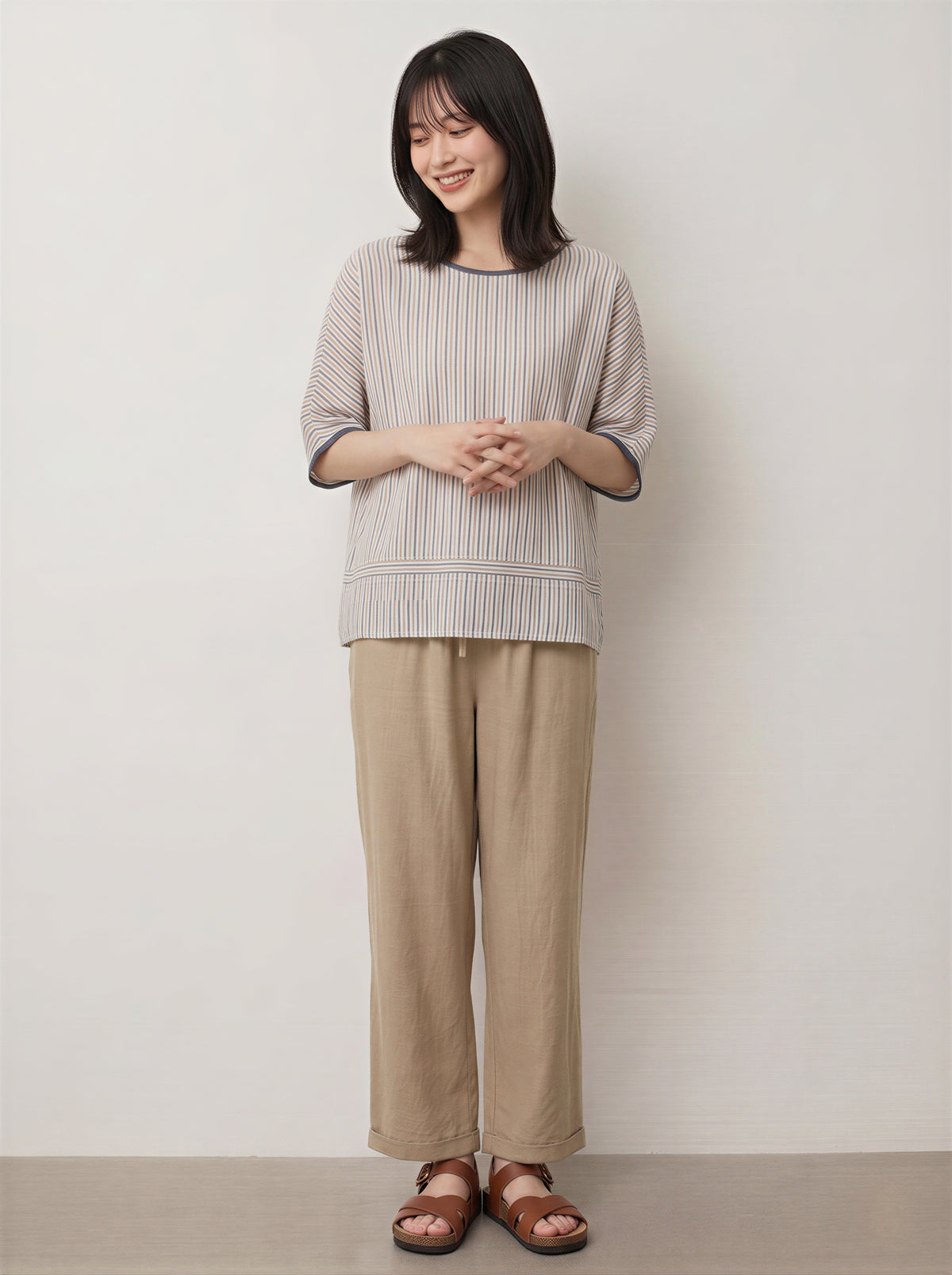 M~2XL 細ストライプ ゆったり クルーネックTシャツ