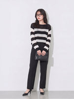 M~4XL 白黒ボーダー 透かし編み ルーズニット
