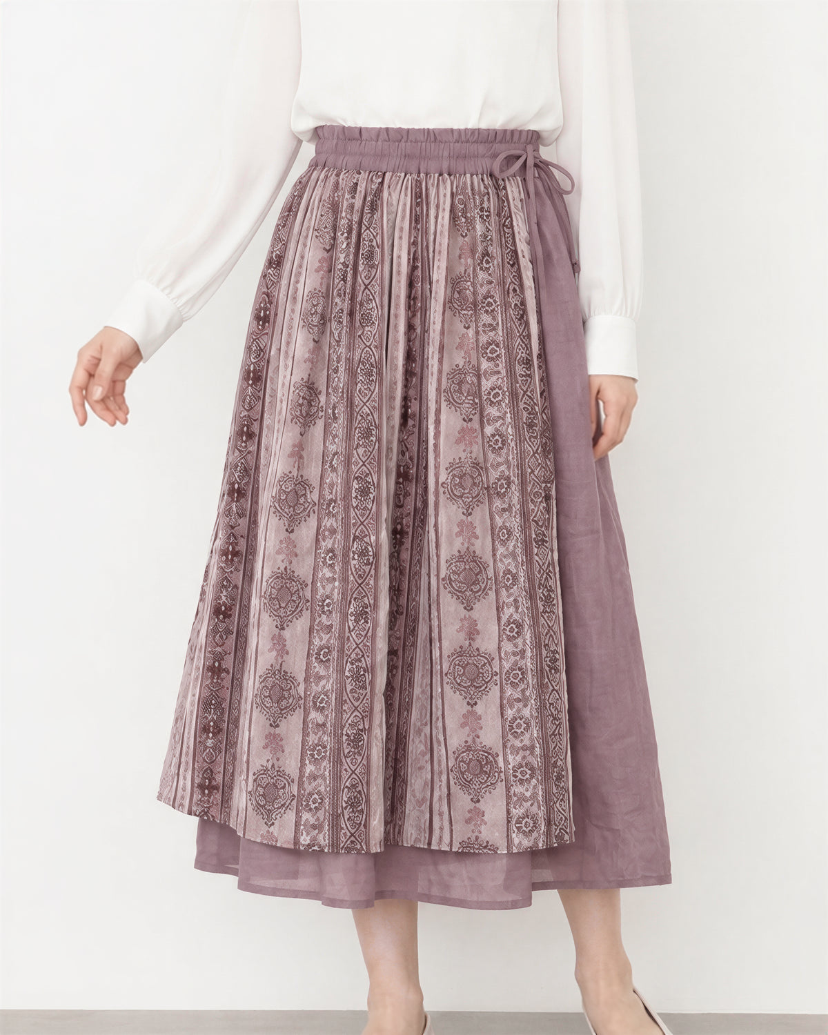 M~2XL パープル切り替えプリント エアリー ロングスカート