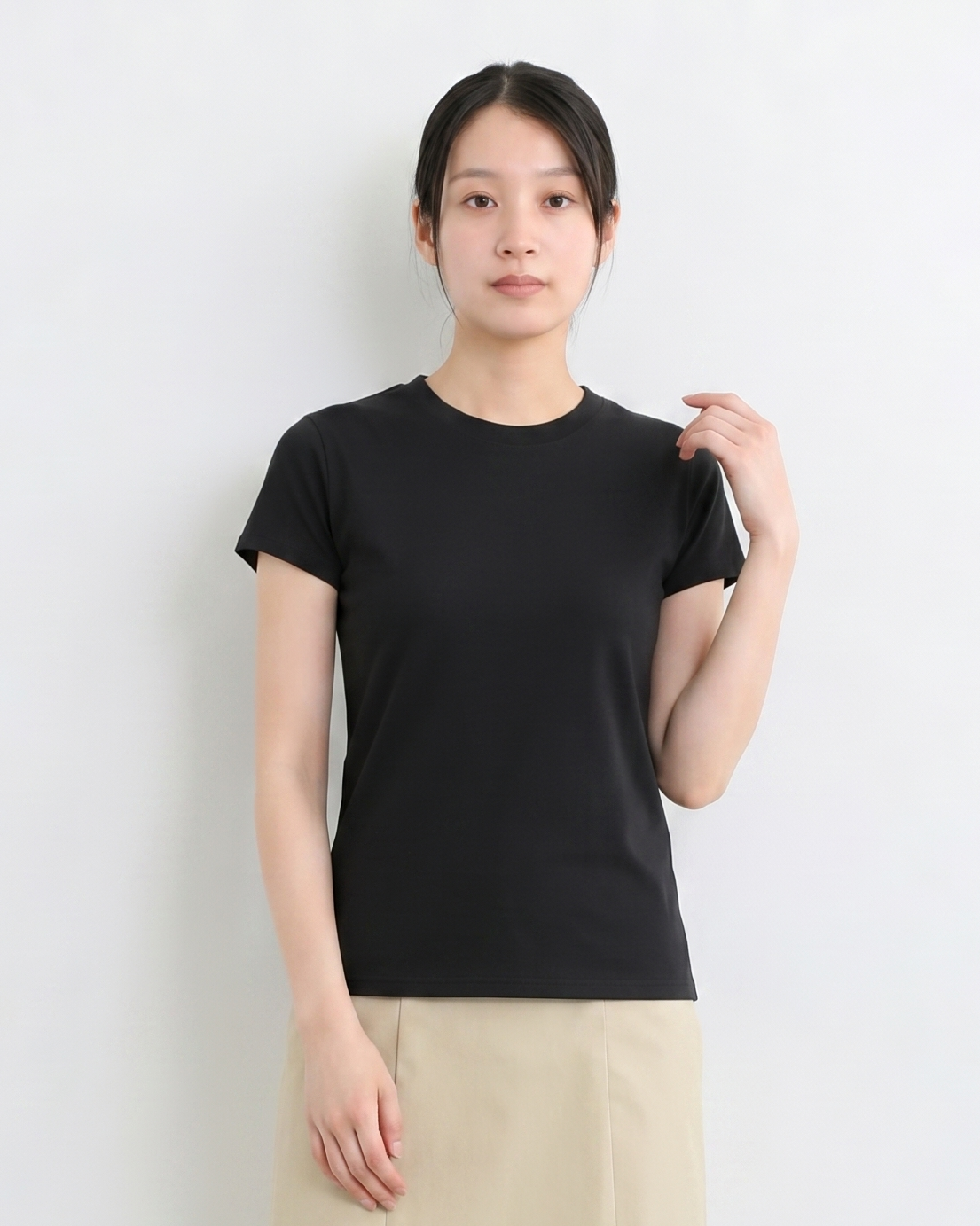 ウエストすっきり見え ラウンドネック 半袖Tシャツ