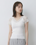 レースVネック 細リブ フィット 見せ肩 半袖Tシャツ