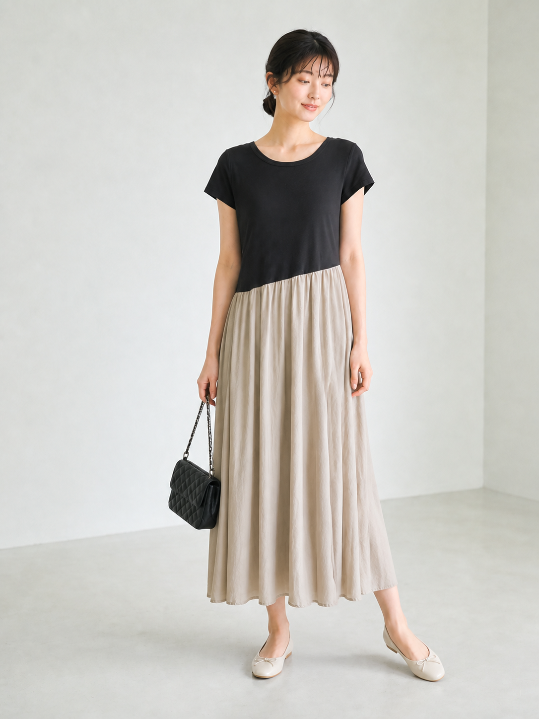 M~2XL 配色切り替え アシンメトリーウエスト フェイクレイヤード 半袖ワンピース