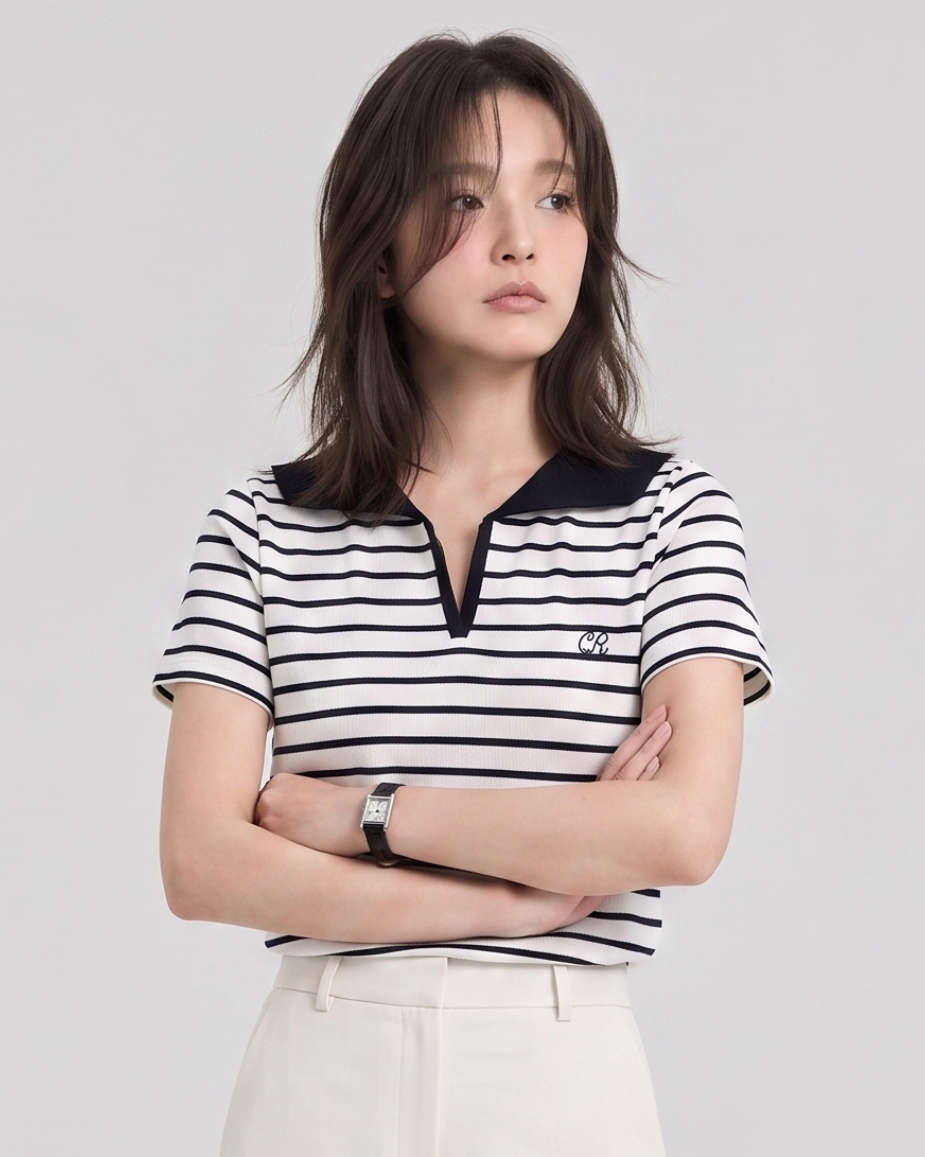 セーラー襟 配色ボーダー Vネック 半袖Tシャツ