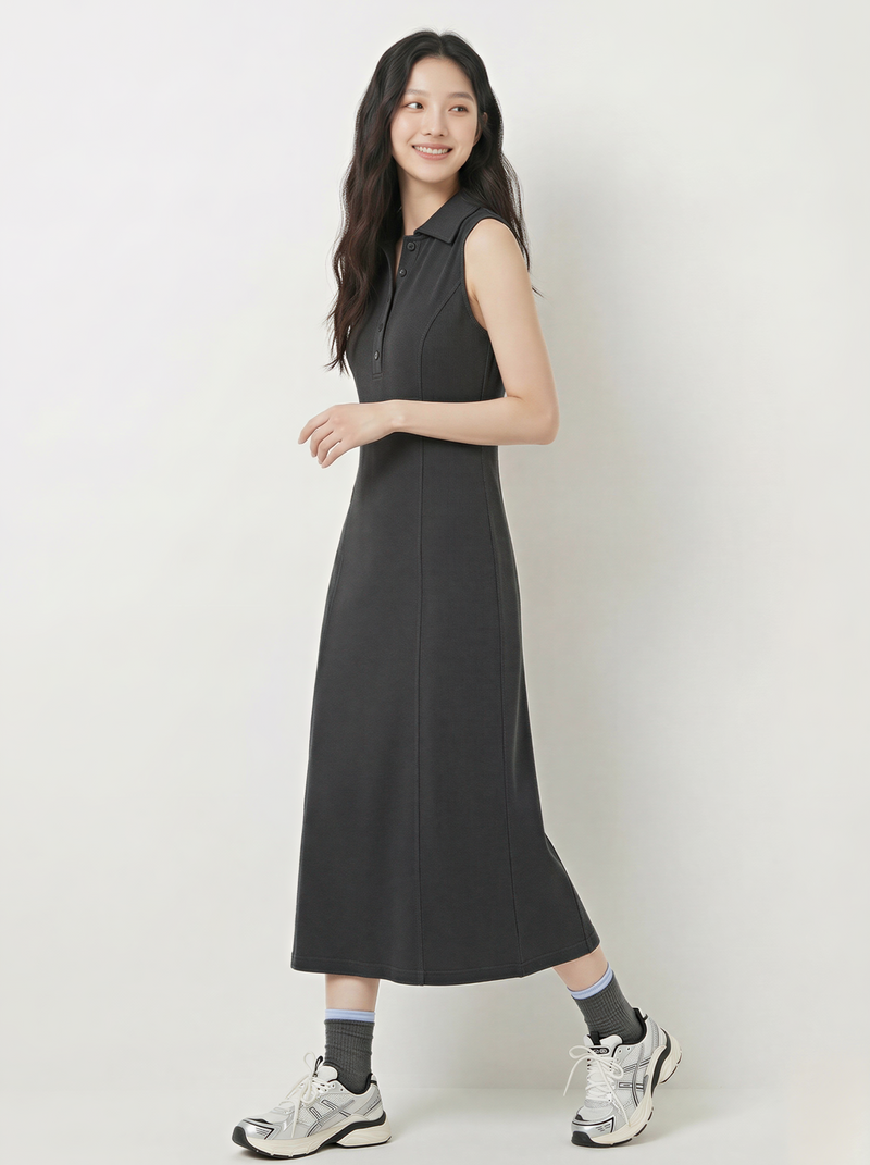 襟付き・ボタン前立て スリムフィット ミモレ丈 ノースリーブワンピース