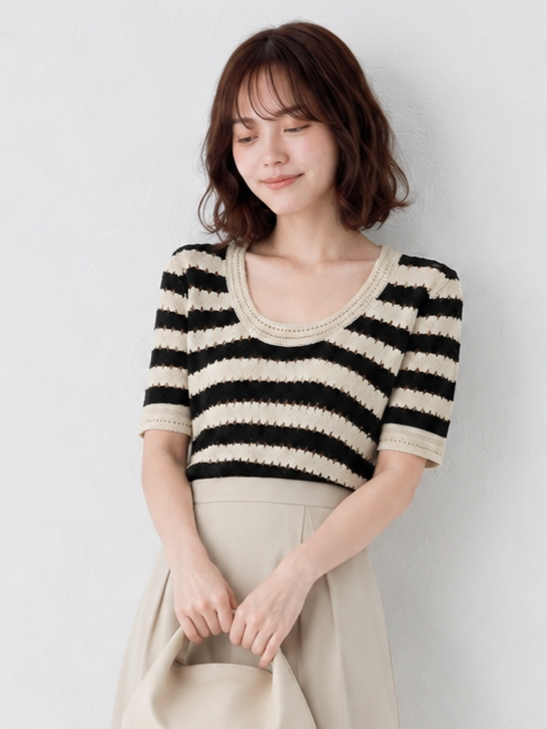 繊細でしなやか！半袖ボーダーTシャツフレンチミニニット