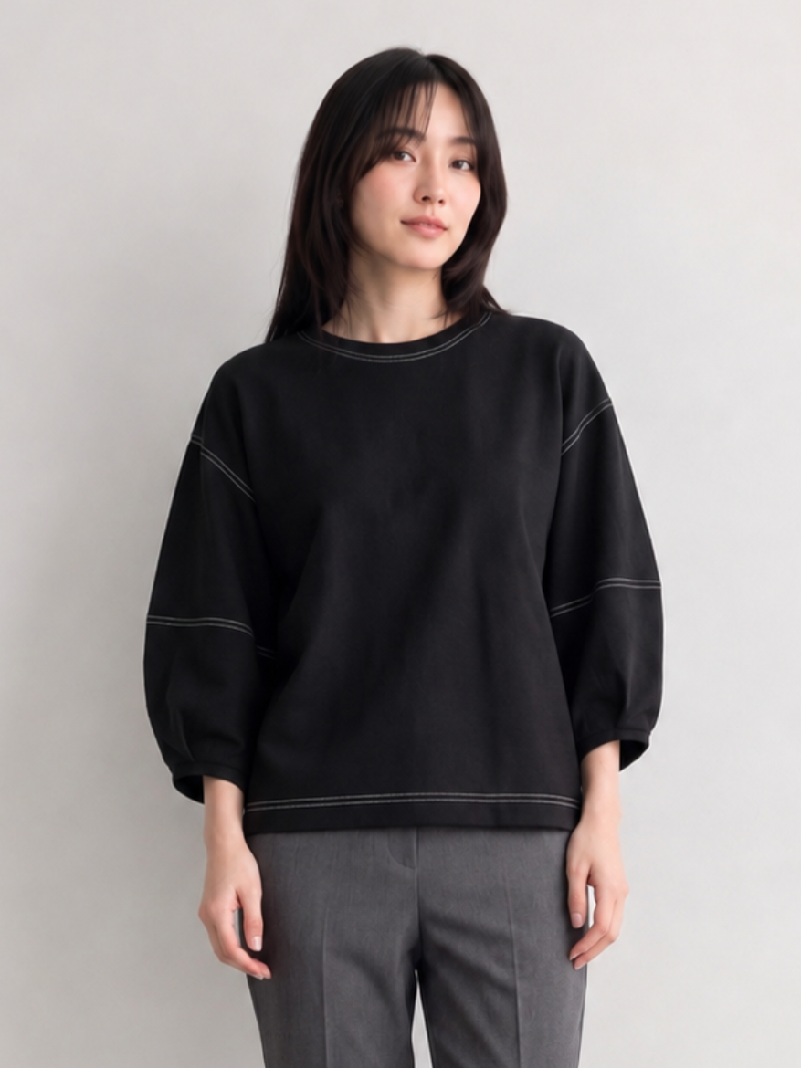 【全2色】M~XL 配色ステッチ パフスリーブスウェット