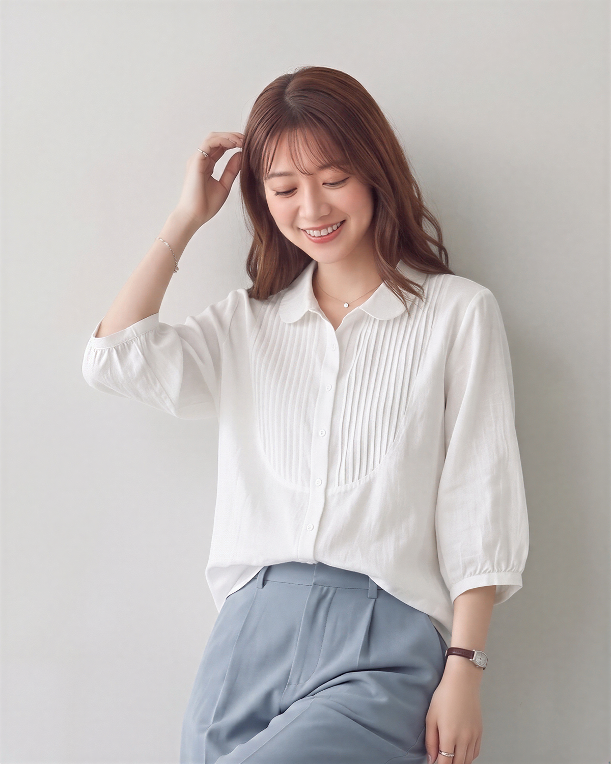 【全3色】M~2XL 七分袖ラミーシャツ｜フレンチピンタック ナチュラルレトロなゆったりコットンリネントップス