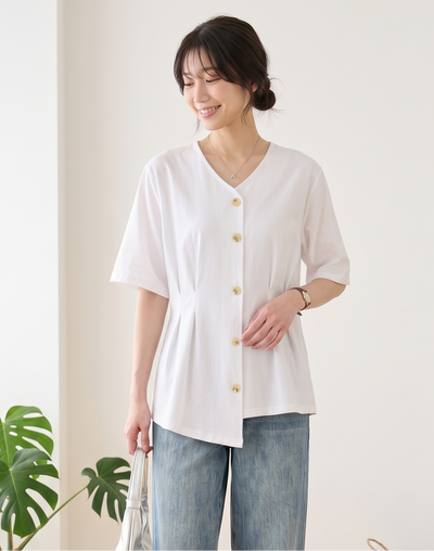 V-neck gathered loose-fitting T-shirt