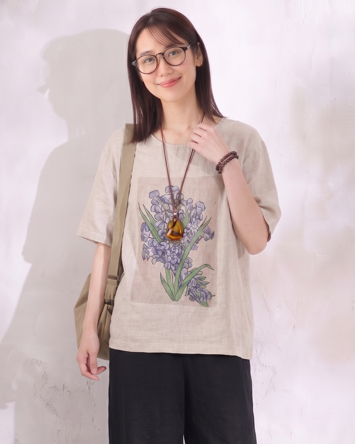 ゆったりカジュアルクルーネックフラワープリント半袖Tシャツ