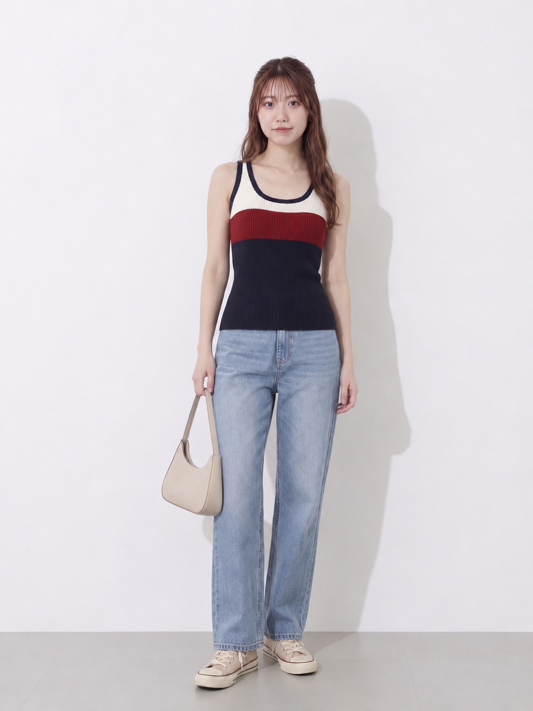 S-XL 配色ボーダー ニットキャミソールトップス