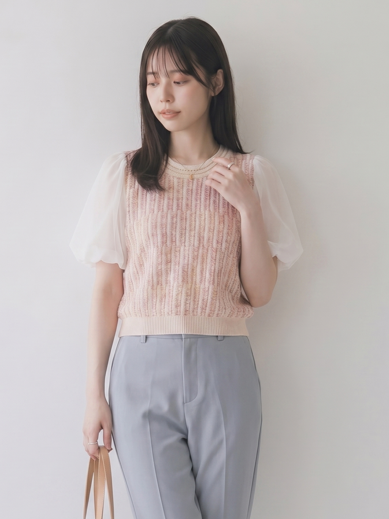 ライトベージュ×ピンクミックス 縦リブ切替 パフスリーブ 半袖ニット