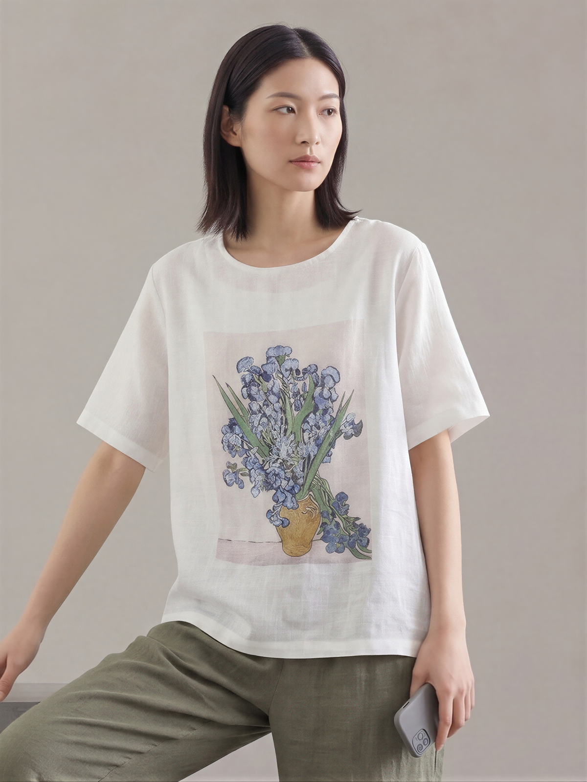 グレー クルーネック フラワープリント ゆったり 半袖Tシャツ