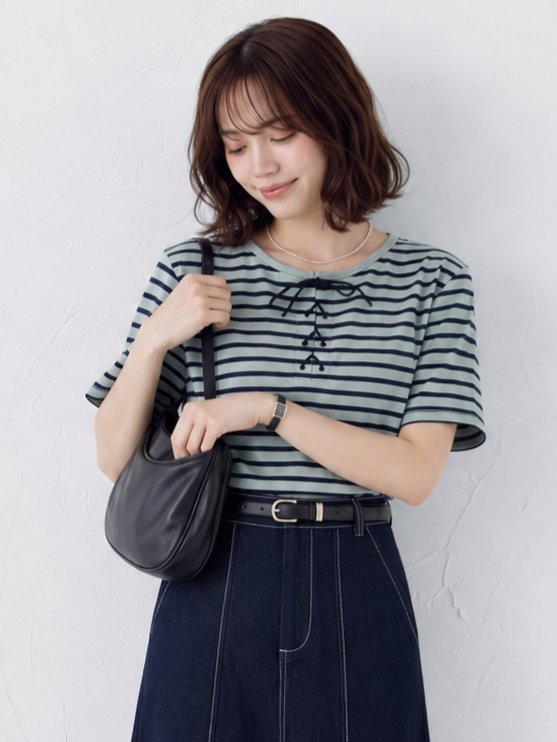 ボーダー リボン付き クルーネック 半袖Tシャツ