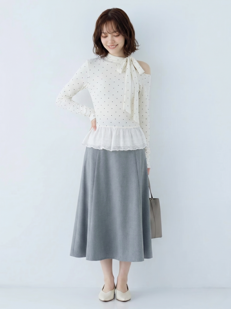 オフショルダー リボン×ドット 切り替え 長袖Tシャツ
