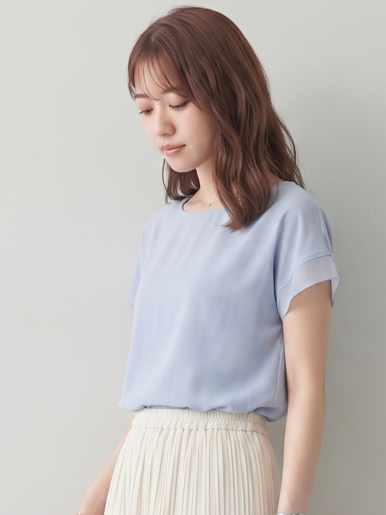 ライトブルー クルーネック 切替 半袖 シフォンブラウス