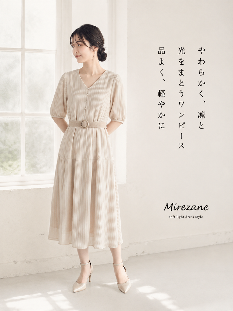 縦プリーツ Vネック リボンベルト付き ウエストマーク ミモレ丈ワンピース