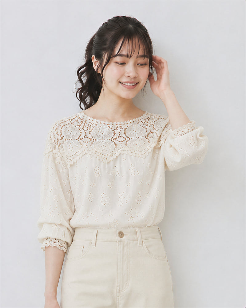 M~2XL カットワークレース切り替え パフスリーブブラウス