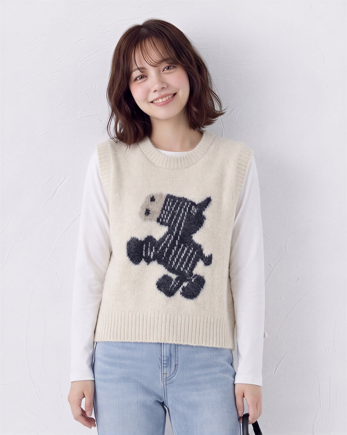 起毛感ジャカード ゆったりニットベスト-ライトベージュ-XL