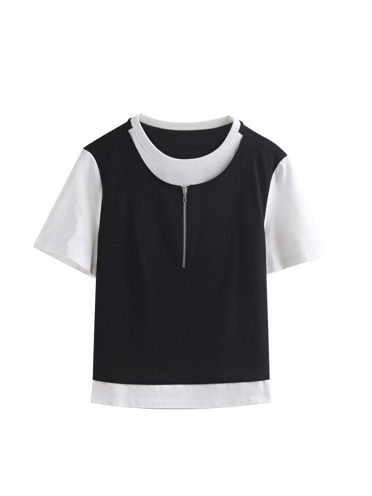 配色切り替えファスナー付きフェイクレイヤード半袖Tシャツ