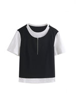 配色切り替えファスナー付きフェイクレイヤード半袖Tシャツ