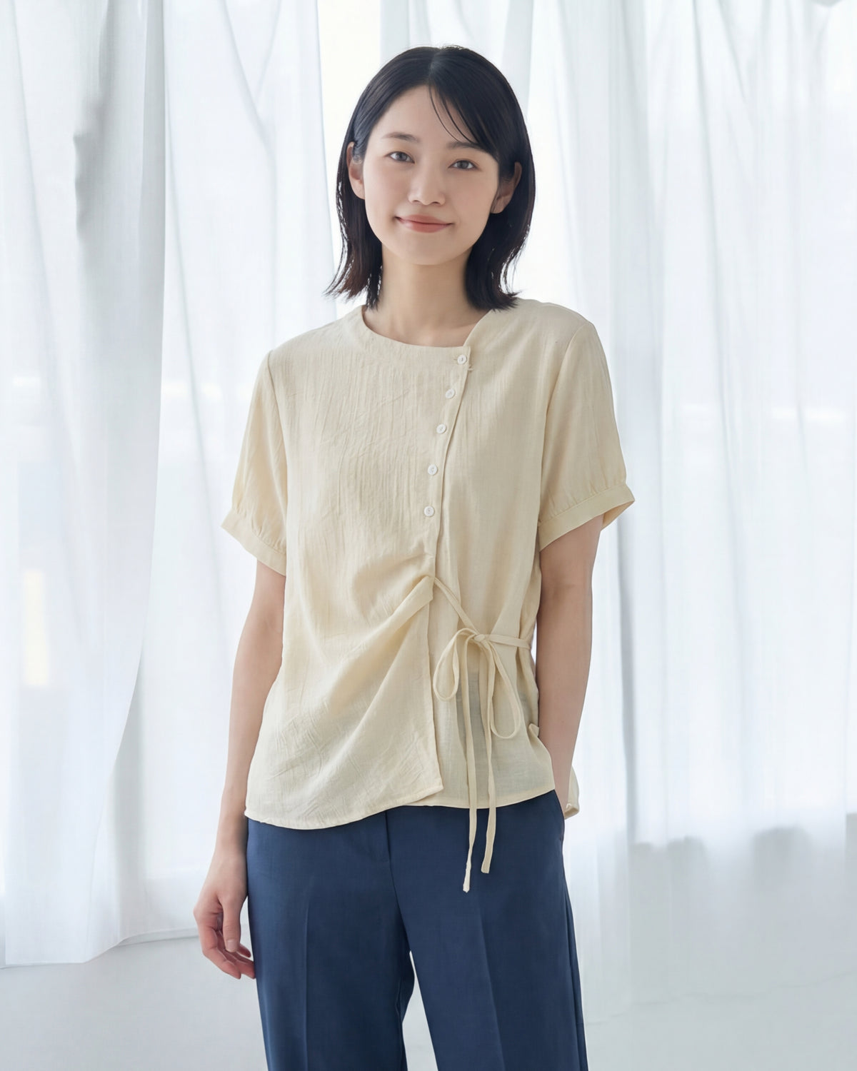 アシンメトリー前立て ドロストウエスト 半袖シャツ-ライトイエロー-2XL