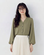 Vネック 前立てボタン パフスリーブ 長袖シャツ-オリーブ-3XL