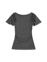 オフショル風ボートネック ウエストギャザー フリルフレアスリーブ 半袖Tシャツ