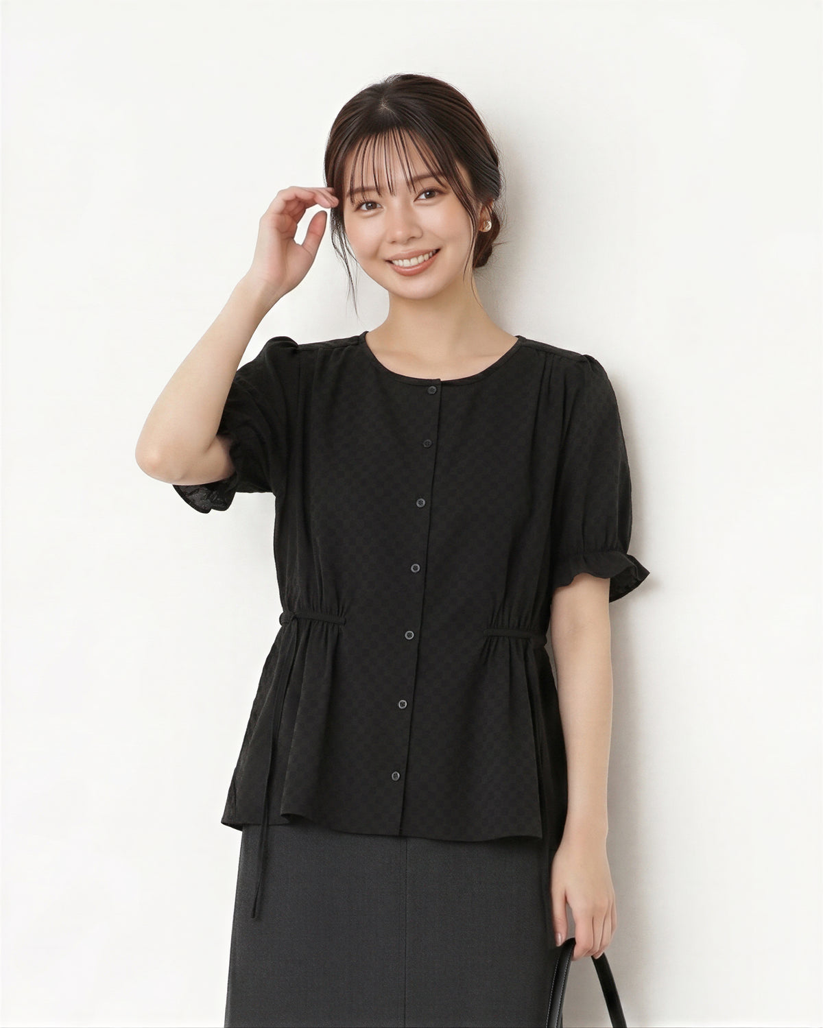 ウエストマーク リボン 薄手 ラウンドネック パフスリーブ コットンブラウス-ブラック-2XL