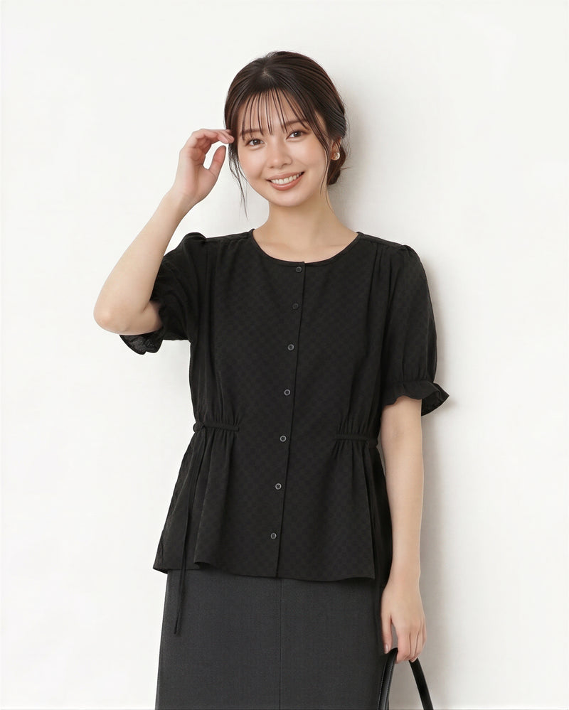 ウエストマーク リボン 薄手 ラウンドネック パフスリーブ コットンブラウス-ブラック-2XL