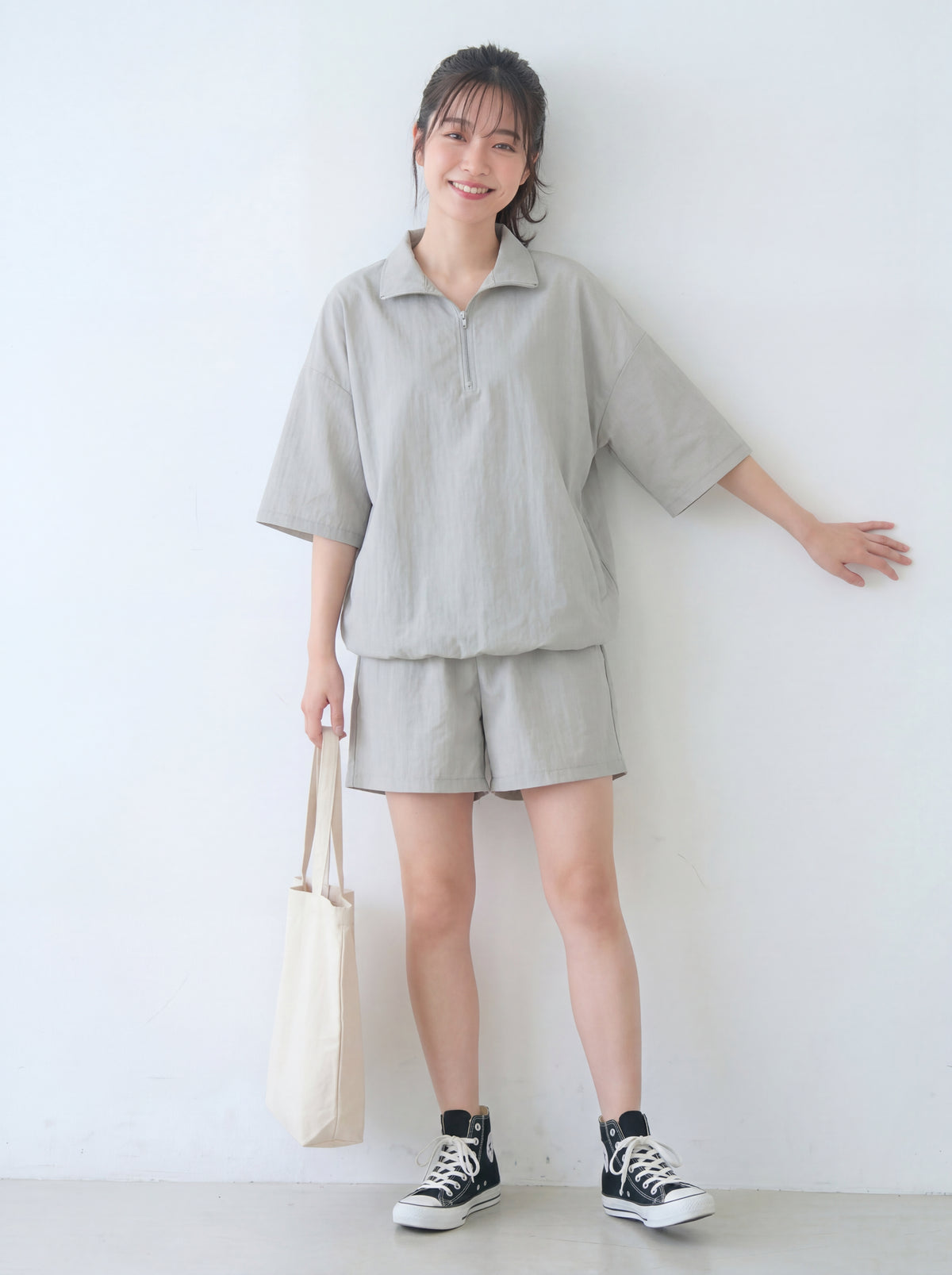 ハーフジップ 襟付き ルーズPOLOシャツ＆ショートパンツ 2点セット