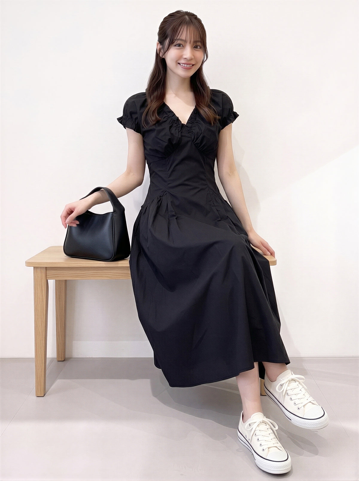 フリルVネック ウエストマーク パフスリーブ ワンピース