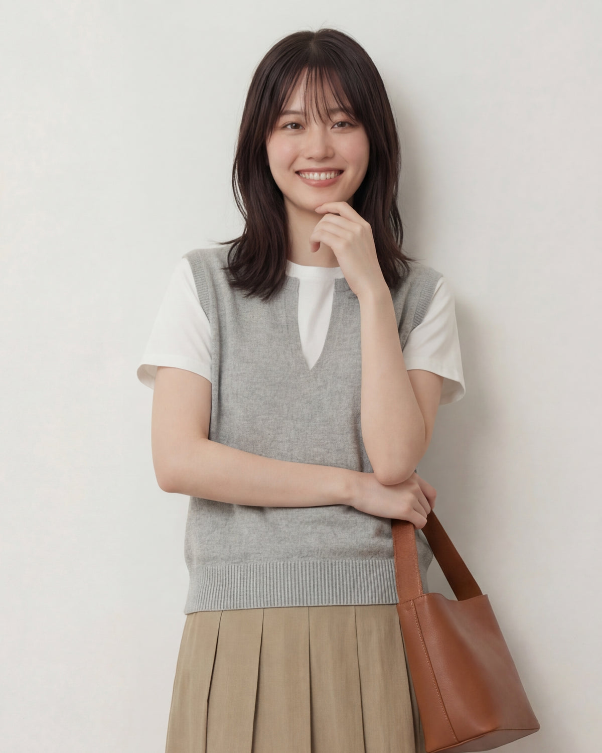 Vネックスリット 配色切り替え リブ仕上げ フェイクレイヤード 半袖Tシャツ-アッシュグレー-FREE (85-135)