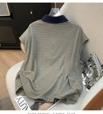 グリーン細ボーダー 襟付き 半袖Tシャツ