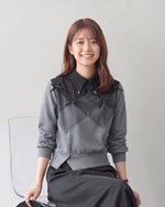 【秋新作】S~XL ダイヤ柄切り替え リボン付き 襟付き フェイクレイヤード スウェット