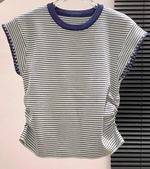 ブルーストライプ 配色ネックトリムTシャツ