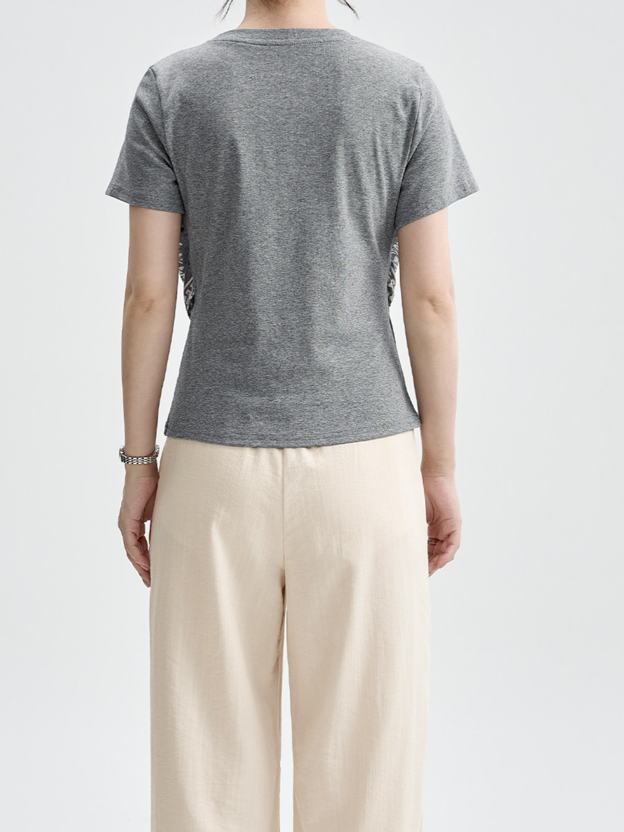 半袖Tシャツ2枚フェイクスカーフ個性的アートキルティングトップス