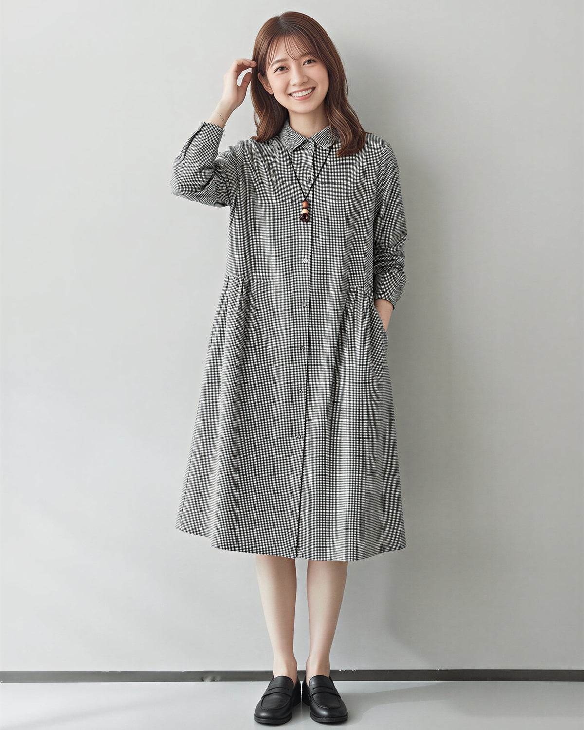 ゆったりAライン 立体カッティング シャツワンピース-ブラック-2XL
