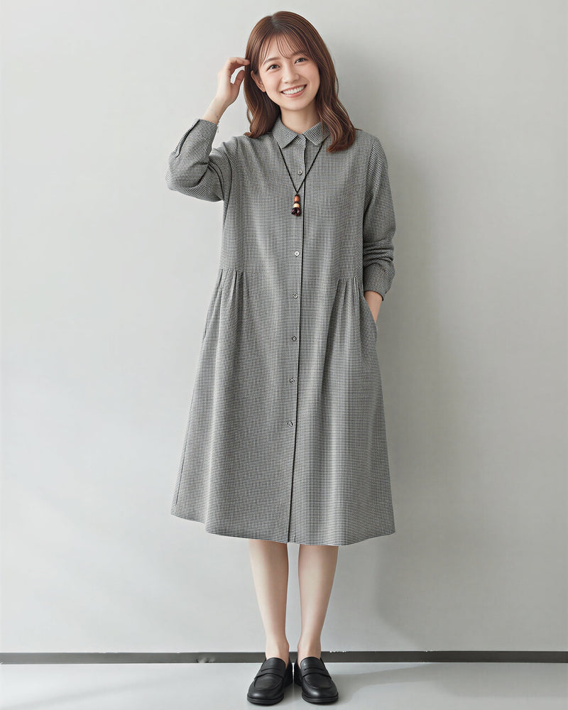 ゆったりAライン 立体カッティング シャツワンピース-ブラック-2XL